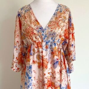 NWOT KARYN SEO HAND EMBROIDERED SILK BLEND MIDI DRESS KIMONO EMPIRE WAIST BOHO